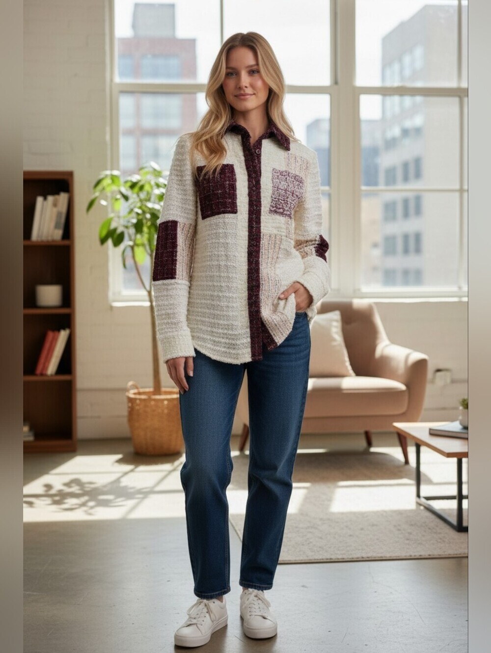 St. John Collection Burgundy and Cream Cardigan